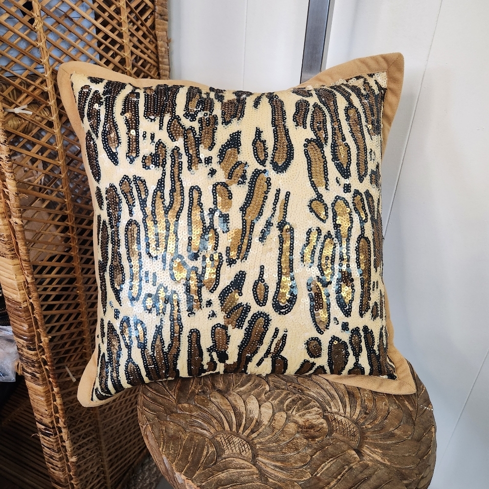 Leopard Print Sequin Brown Tan Leopard Animal Print Throw Pillow Home Decor 15" - Picture 2 of 7